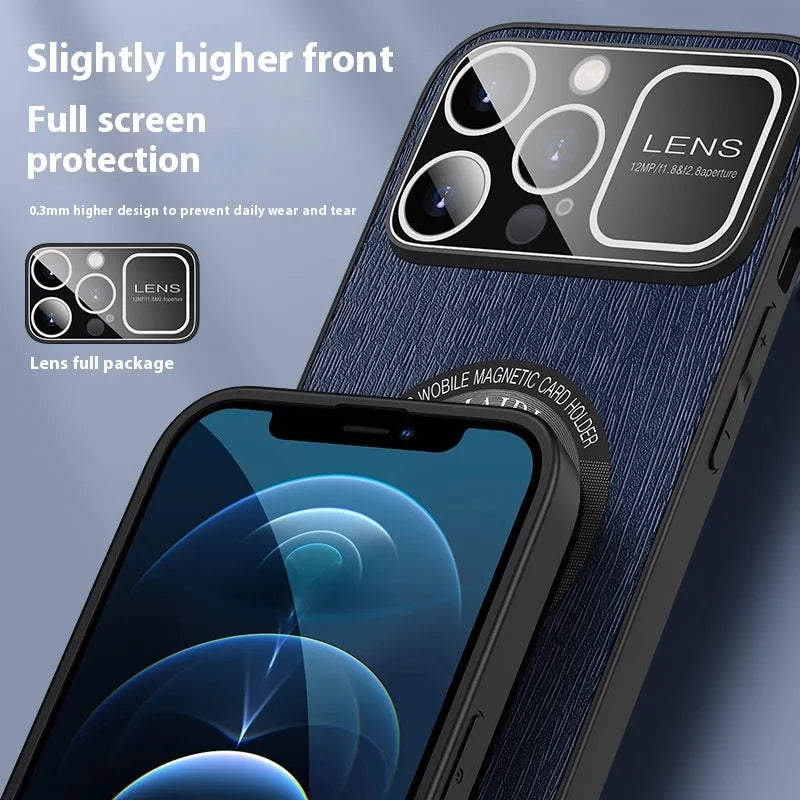 Magnetic phone case with large window and tree pattern, TPU leather, in silver gray, vibrant orange, elegant black, and sapphire blue.