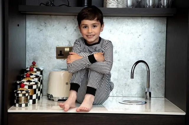 Kids gingham robe and pajamas romper set in black and tan polyester for children