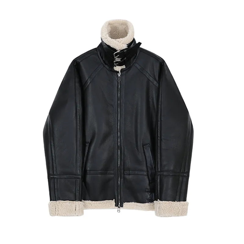 Men's black fleece padded collar lambskin leather jacket made from PU material