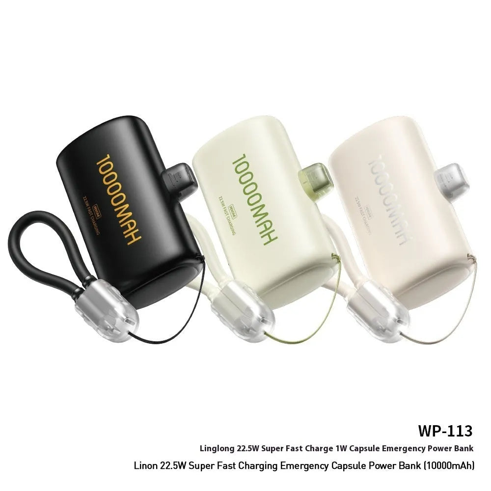 Portable mini capsule power bank in beige with 10000 mAh capacity and compact design