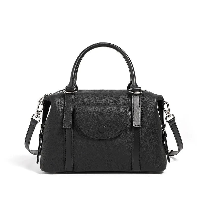 Genuine leather ladies handbag with contrast stitching and lock detail in street-trend style