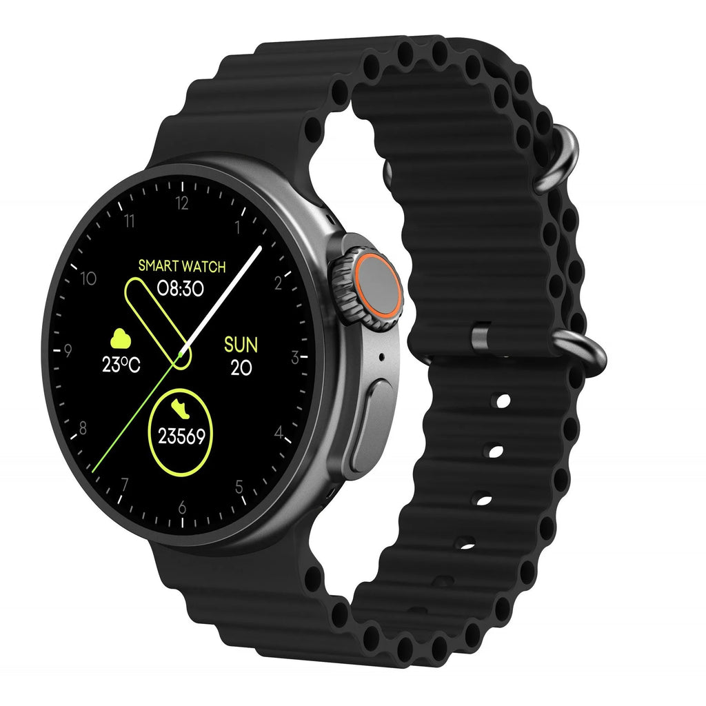 K9 smart watch in black with round colour screen on a silicone strap, showing a fitness stats dial.
