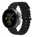 K9 smart watch in black with round colour screen on a silicone strap, showing a fitness stats dial.