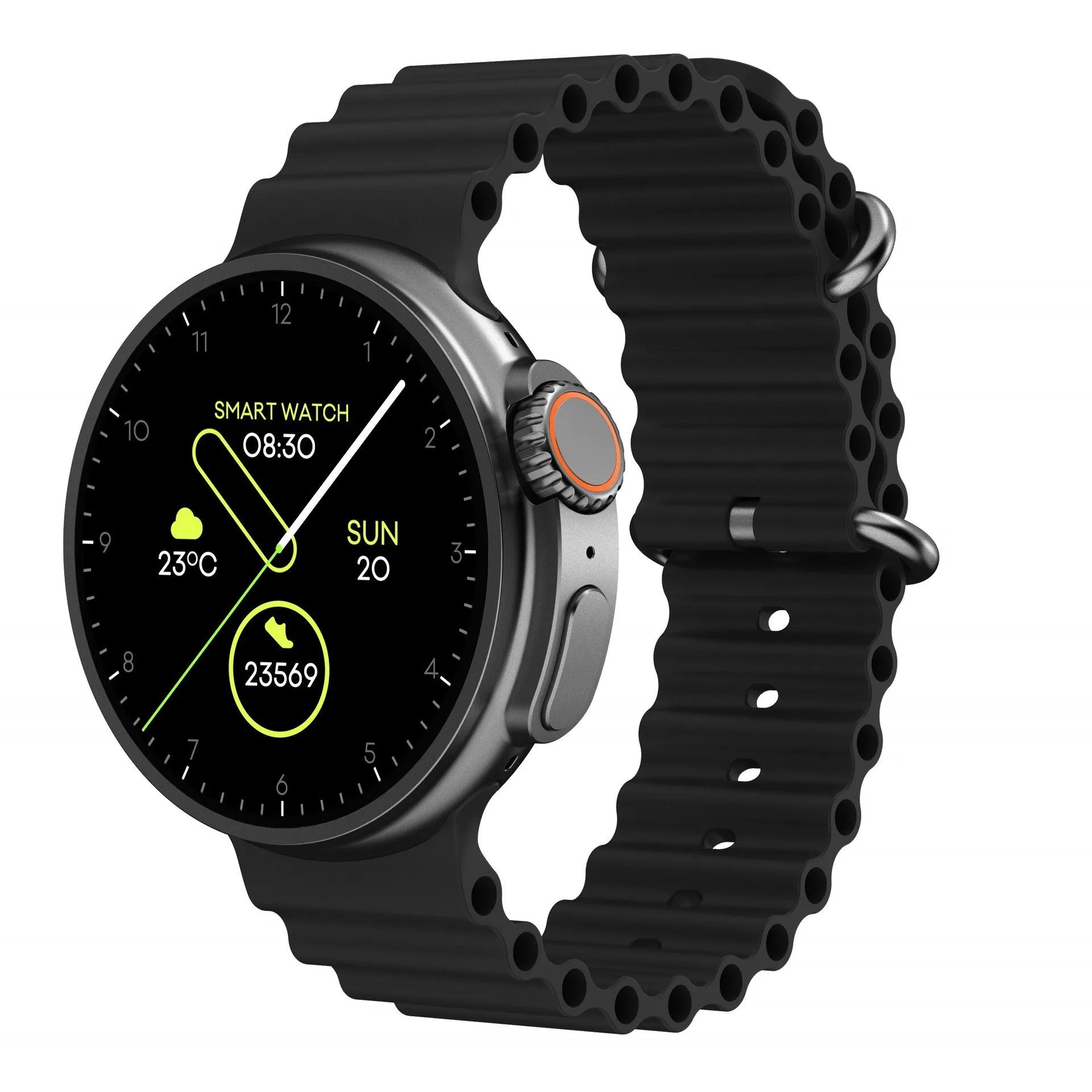 K9 smart watch in black with round colour screen on a silicone strap, showing a fitness stats dial.