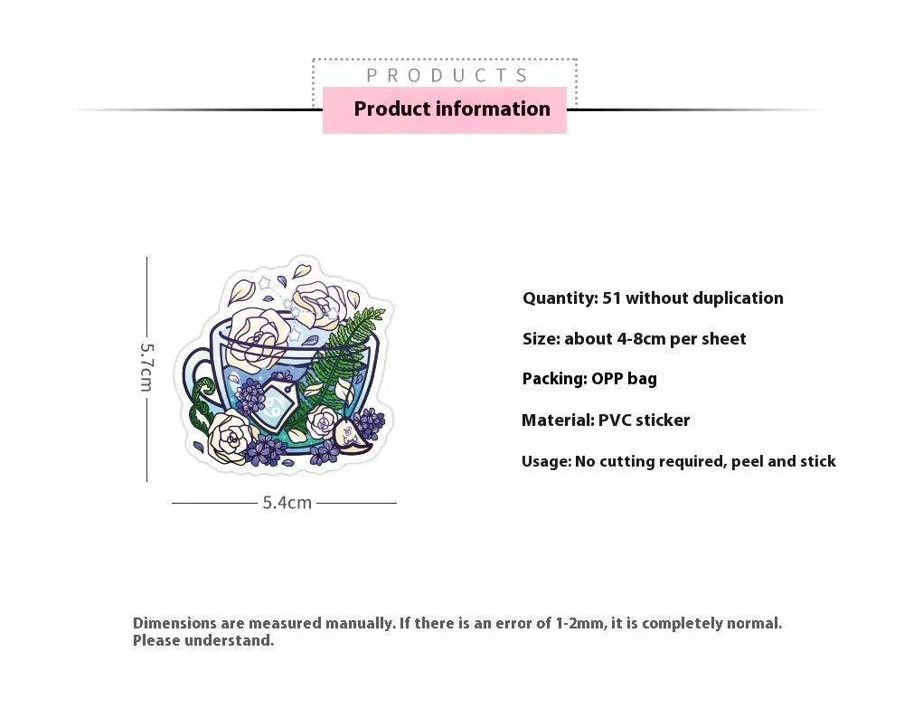 Colourful tea cup graffiti design waterproof stickers in a pack of 50 for DIY decoration.