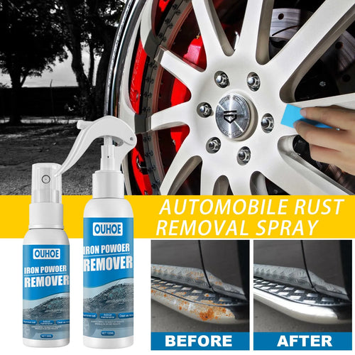 Automotive iron powder rust remover spray bottle with blue sponge and towel for car cleaning
