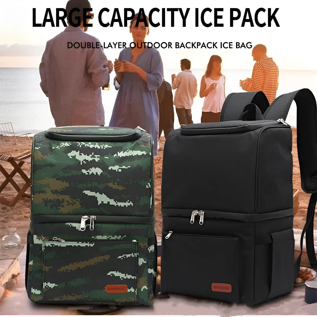 Blue double layer insulated backpack with large main compartment and adjustable straps.