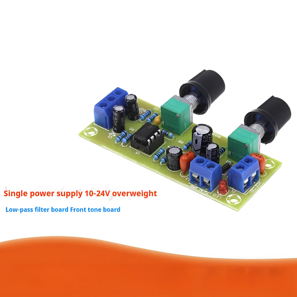Super dynamic bass boost front stage circuit board with potentiometers and mounting holes
