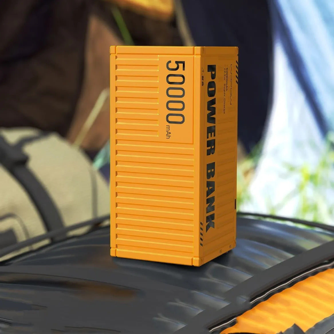 Large yellow 50000mAh power bank showing a digital display and five USB output ports
