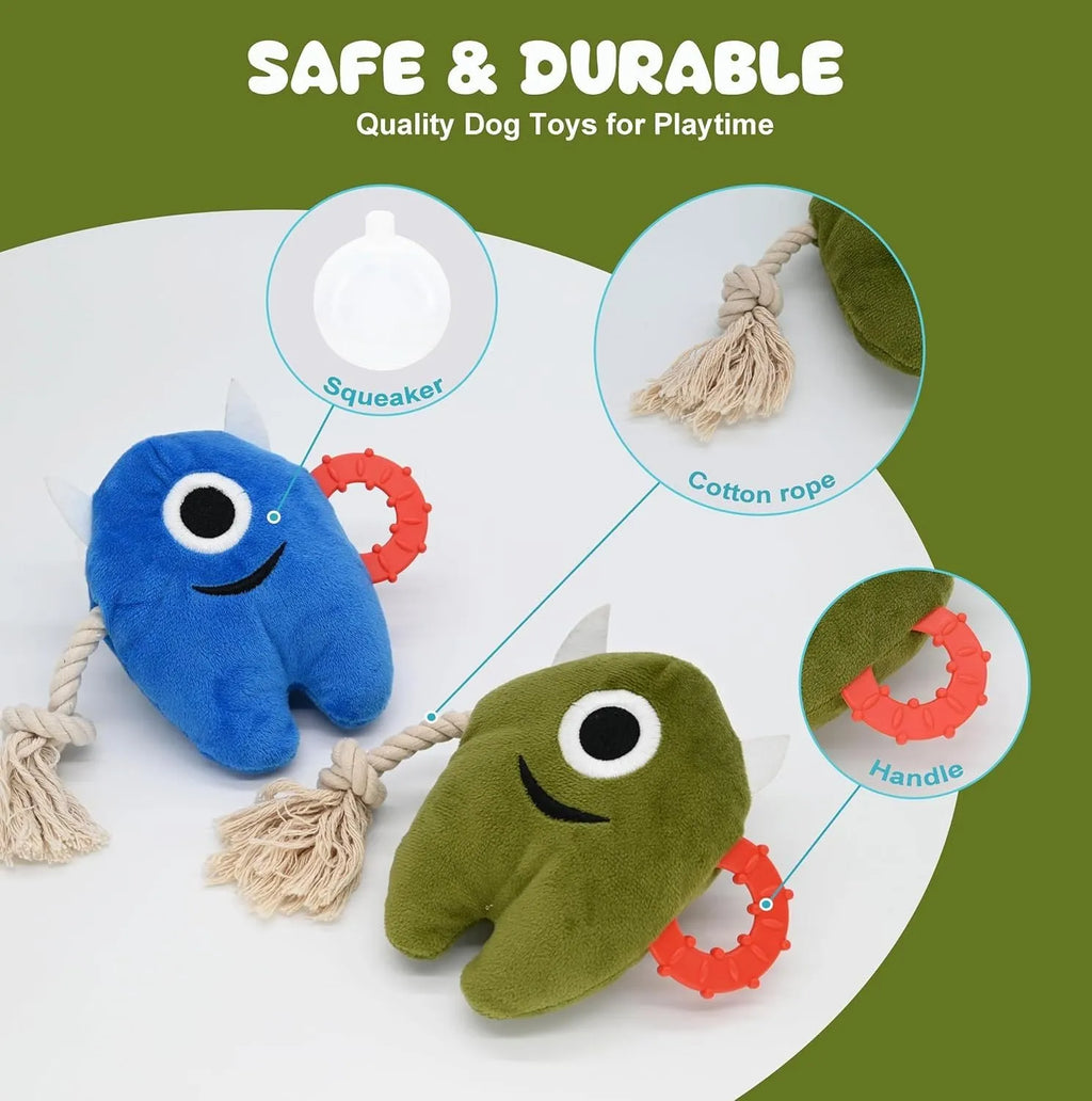 Blue and green monster dog toy with plush body and rope tug handles