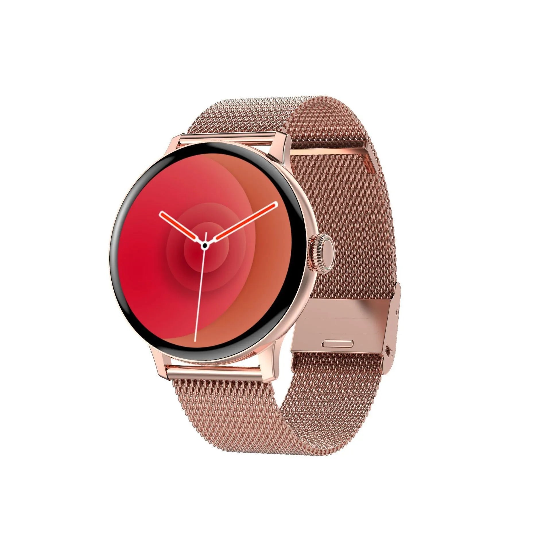 Black steel Bluetooth smart bracelet with touch screen on a wrist, showing heart rate display.