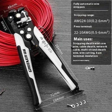 Fully automatic wire stripping pliers tool with a metal body on a white background.