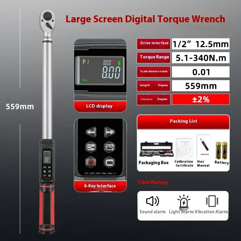 Electronic digital display torque wrench on a workshop bench showing its digital readout.