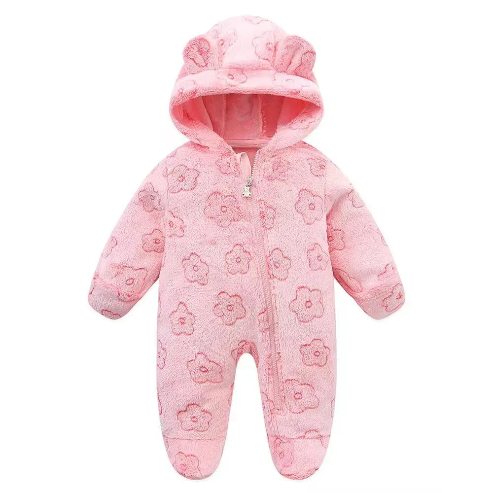 Flannel baby jumpsuit in grey with long climbing style and hide hooks closure for warmth