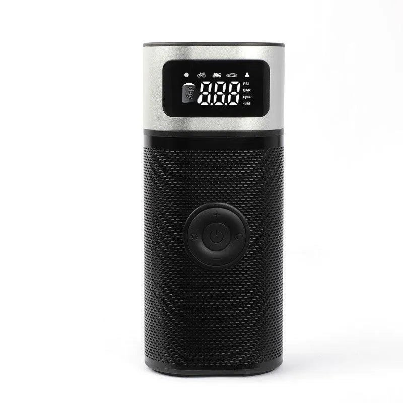 Black portable wireless air pump with USB cable and accessory nozzles for vehicles and sports equipment