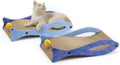 Blue fish-shaped cardboard cat scratcher lounge with a red bell ball toy on an elastic cord.