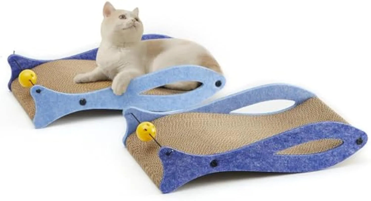 Blue fish-shaped cardboard cat scratcher lounge with a red bell ball toy on an elastic cord.