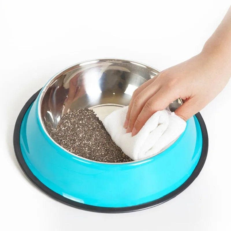 Stainless steel pet bowl with colourful melamine exterior and non-slip rubber base in multiple colour options
