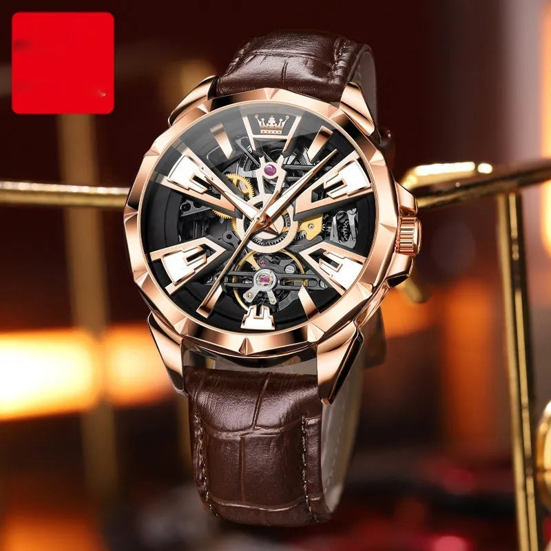 Men's automatic mechanical watch with hollow dial, stainless steel case and brown leather strap