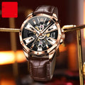 Men's automatic mechanical watch with hollow dial, stainless steel case and brown leather strap
