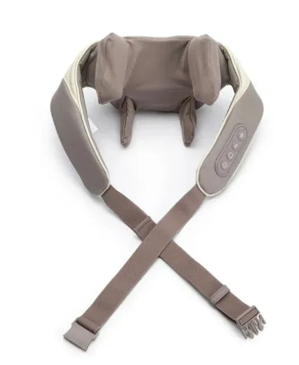 Milky white rechargeable shoulder and neck massager for cervical spine kneading with infrared physiotherapy.