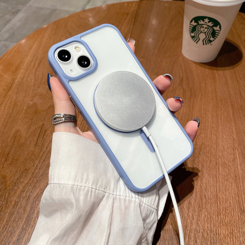Transparent acrylic MagSafe phone case for iPhone Pro models showing magnetic functionality
