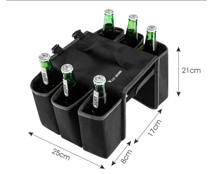 Black and orange double-sided bicycle drink storage bag mounted on a bike rack.