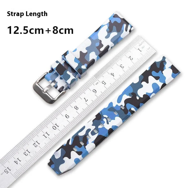 Green camouflage silicone watch strap with flat head lugs, showing 20mm width size.
