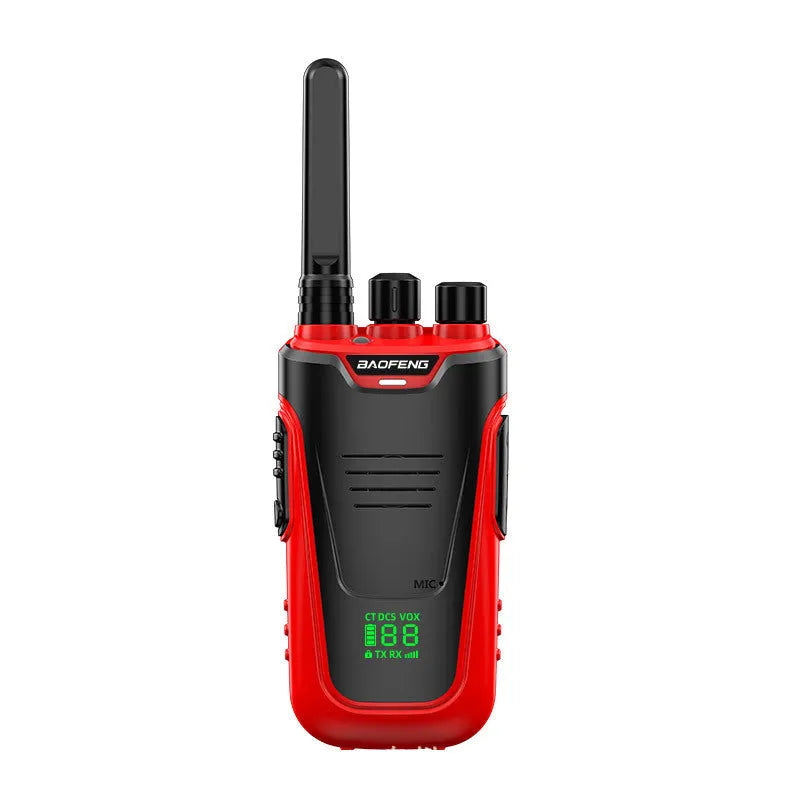 Red and yellow children's walkie talkies showing front display and USB charging port