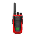Red and yellow children's walkie talkies showing front display and USB charging port