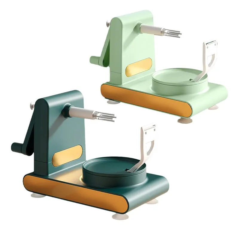 Hand-cranked peeler machine with suction base and fruit return button in light green, ABS plastic and metal