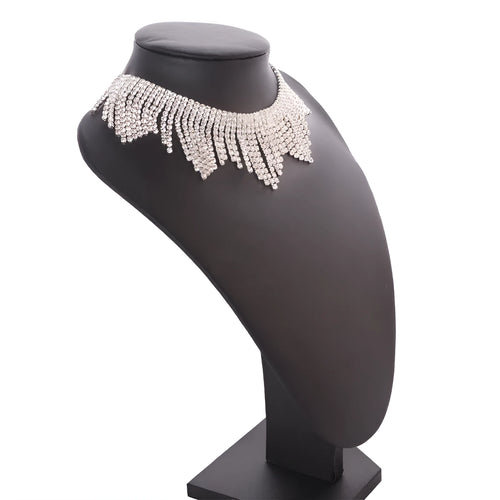 Alloy necklace with gold electroplated finish, geometric tassel pendant, diamond centre, box chain on white background