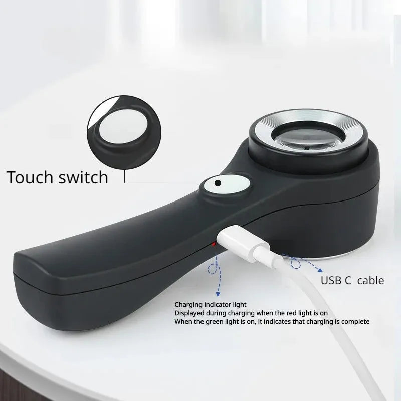 Black and silver jewellery tobacco alcohol appraisal magnifying glass with optical glass lens and USB-C cable