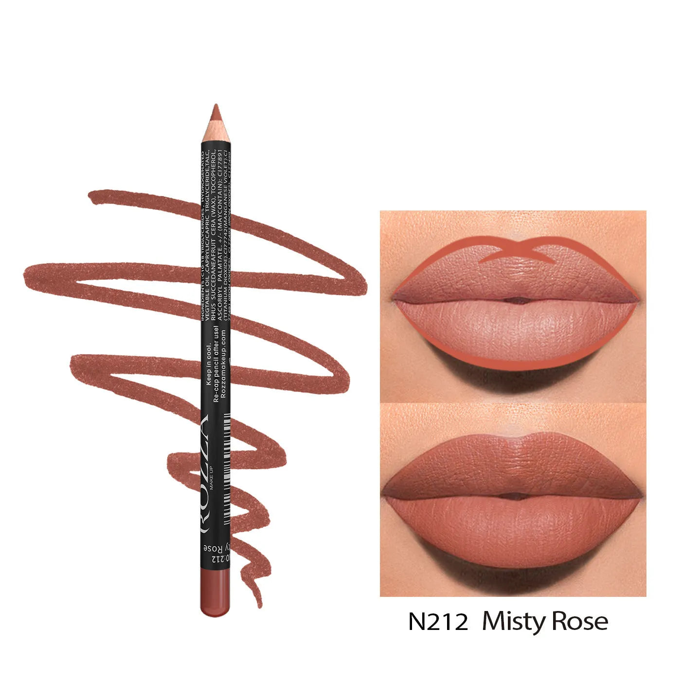 A lip liner pencil in a wooden barrel, shown with a sharp point, alongside swatches of its 14 available colour shades.
