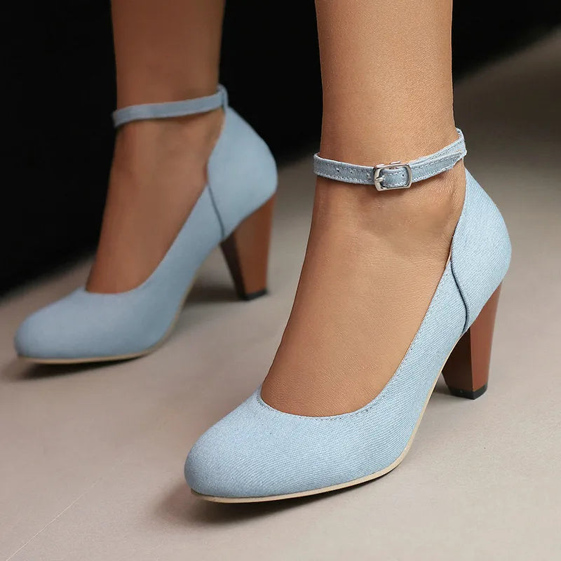 Women's blue denim platform high-heel boots with buckle fastening and chunky 6-8cm heel