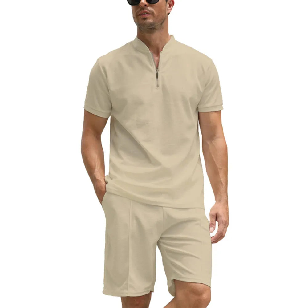 Men's solid colour polo shirt and trouser two-piece casual suit set.