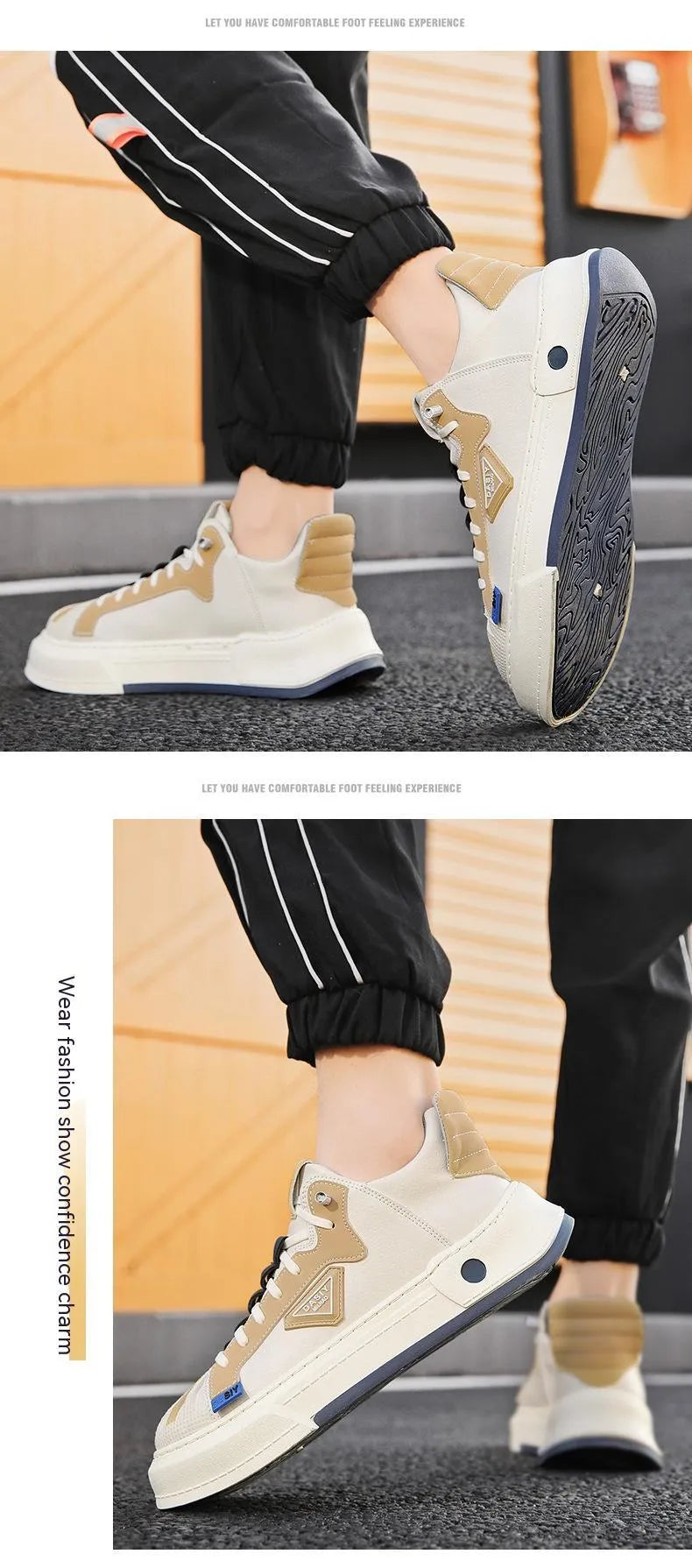 Men's beige and black low-top sneakers with elastic band closure and round toe