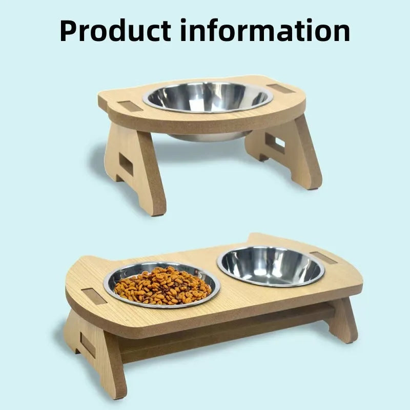 Wooden cat feeder with two stainless steel bowls for food and water on an anti-tip base.