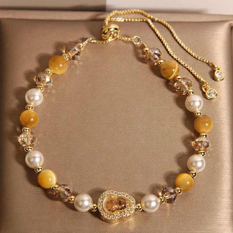 Yellow tiger's eye gourd pendant bracelet for women with glass and alloy inlay, Japanese Korean style, 1 PC.