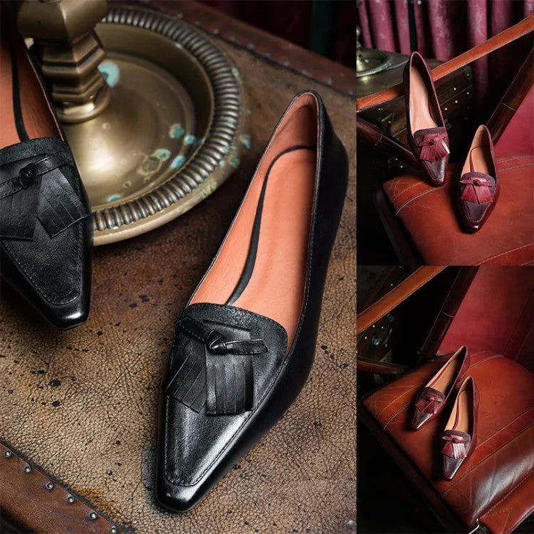 Cowhide retro women's flat loafers with pointed toe and tassel in black, light brown or wine red