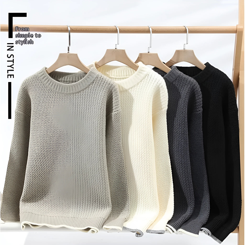 Men's grey round neck loose fitting sweater with long sleeves for autumn winter wear