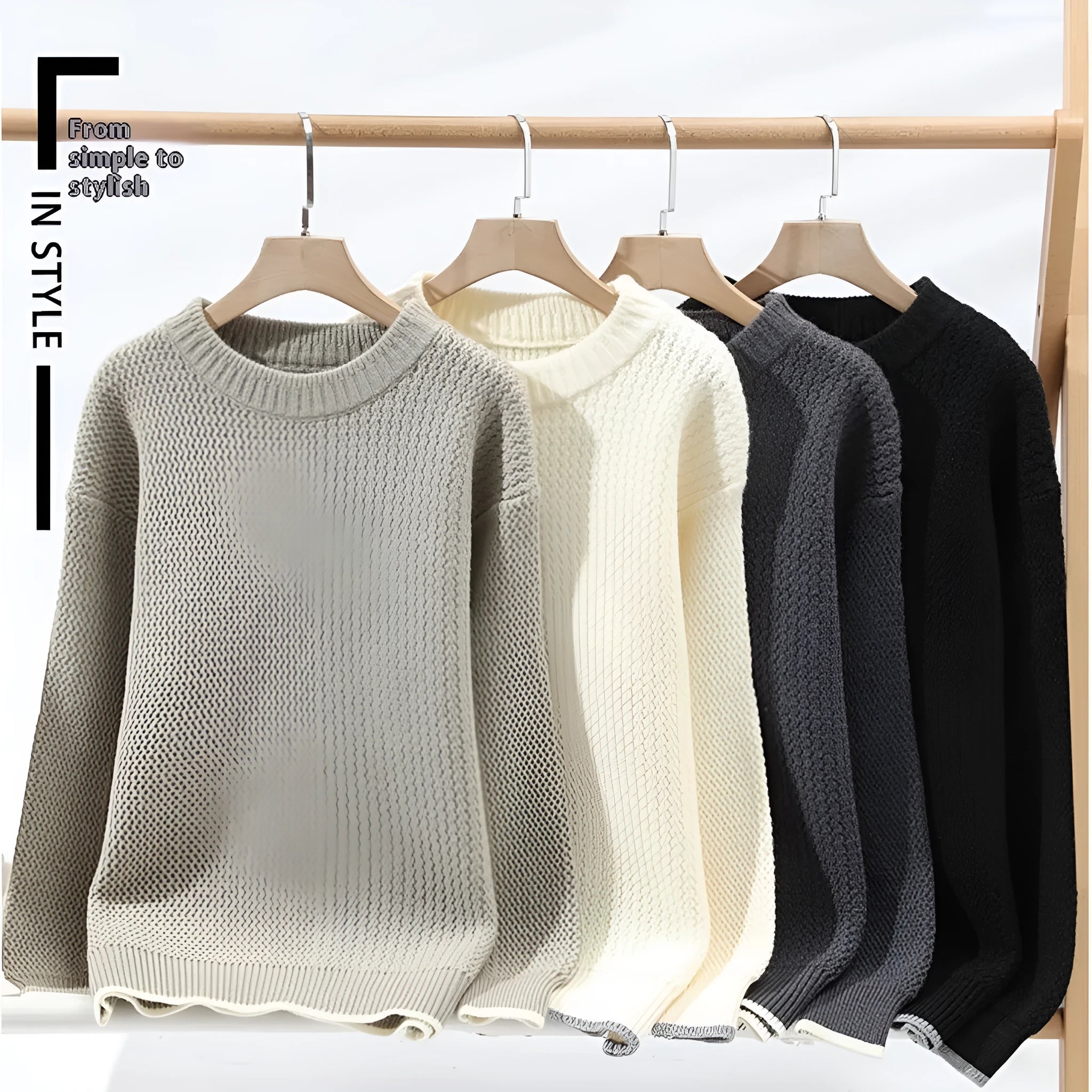 Men's grey round neck loose fitting sweater with long sleeves for autumn winter wear