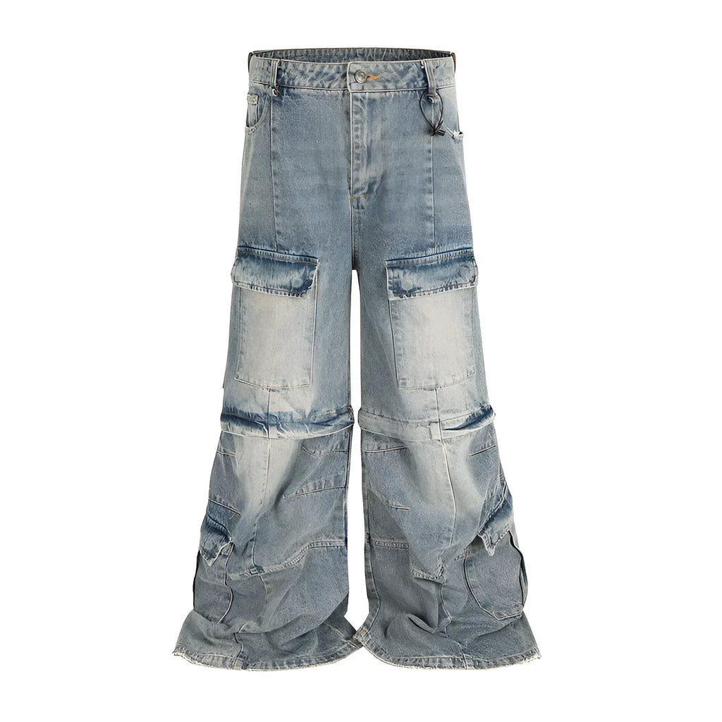 Detachable washed-out multi-pocket cotton overalls in blue, showing zip placket and pockets.