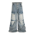 Detachable washed-out multi-pocket cotton overalls in blue, showing zip placket and pockets.