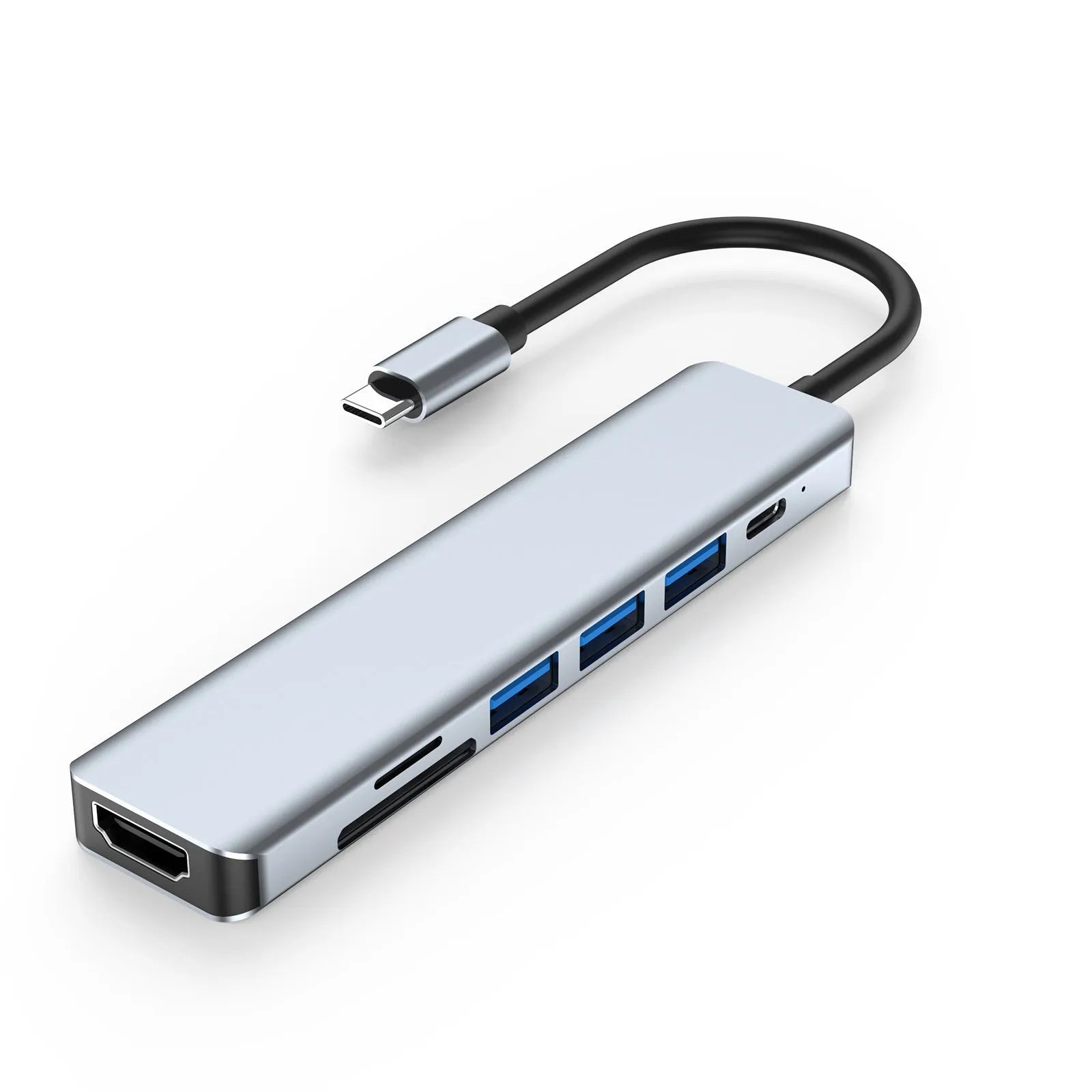 Seven-in-one Type-C USB expander hub with a short 0.145m cable on a white background.