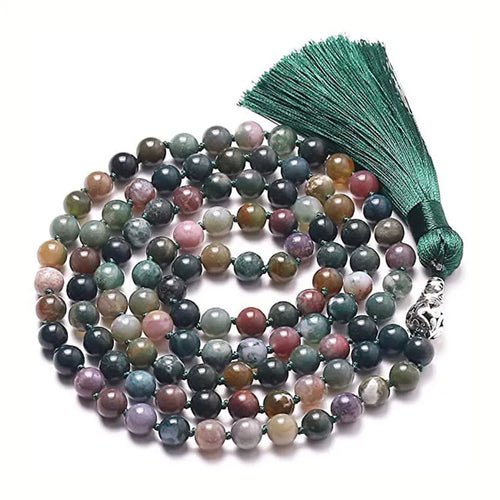 Long unisex agate and amethyst tassel necklace with blue stone pattern, measuring 95-100cm.