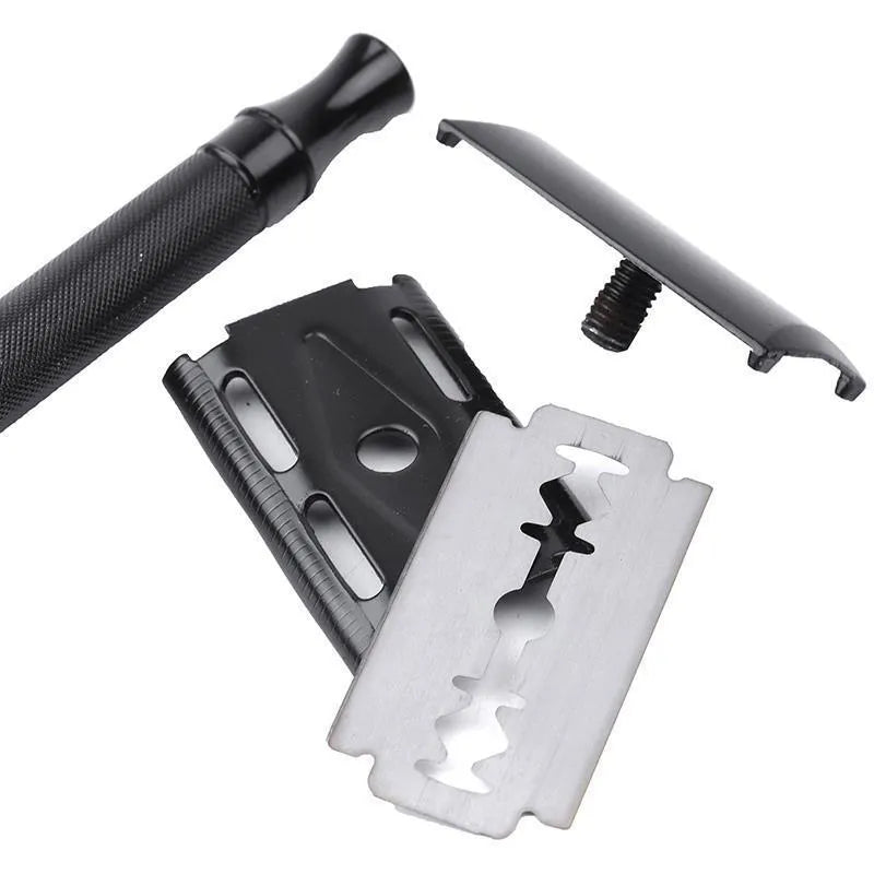 Traditional manual beard shaver with metal scraper and wooden brush grooming kit