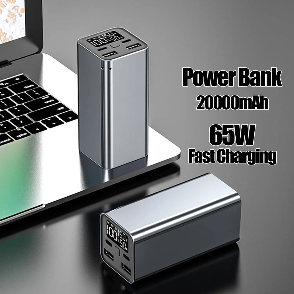 Black 65W metal power bank with 20000mAh capacity for charging laptops and phones.