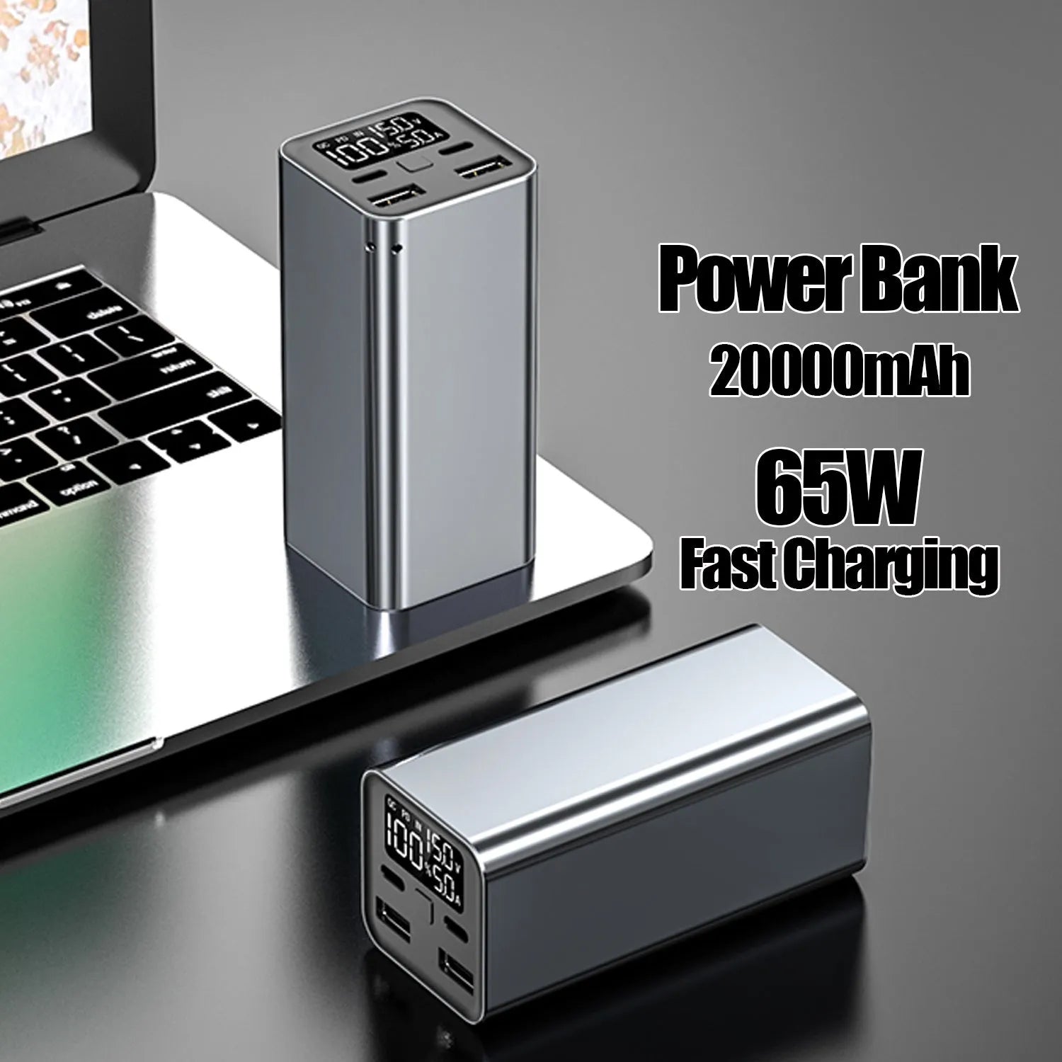 Black 65W metal power bank with 20000mAh capacity for charging laptops and phones.