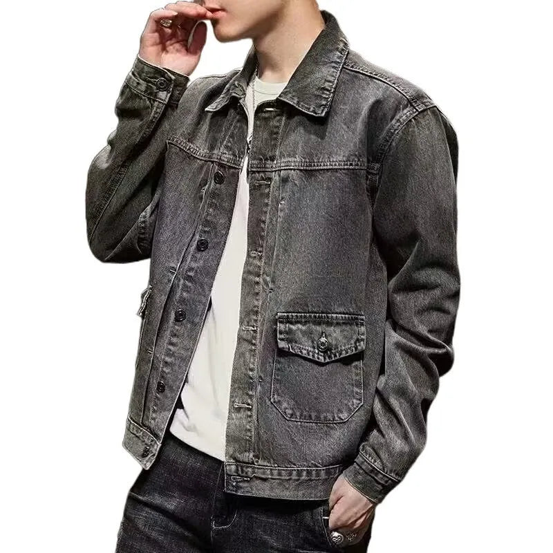 Black and gray Korean-style short denim coat jacket with side pockets and straight hem